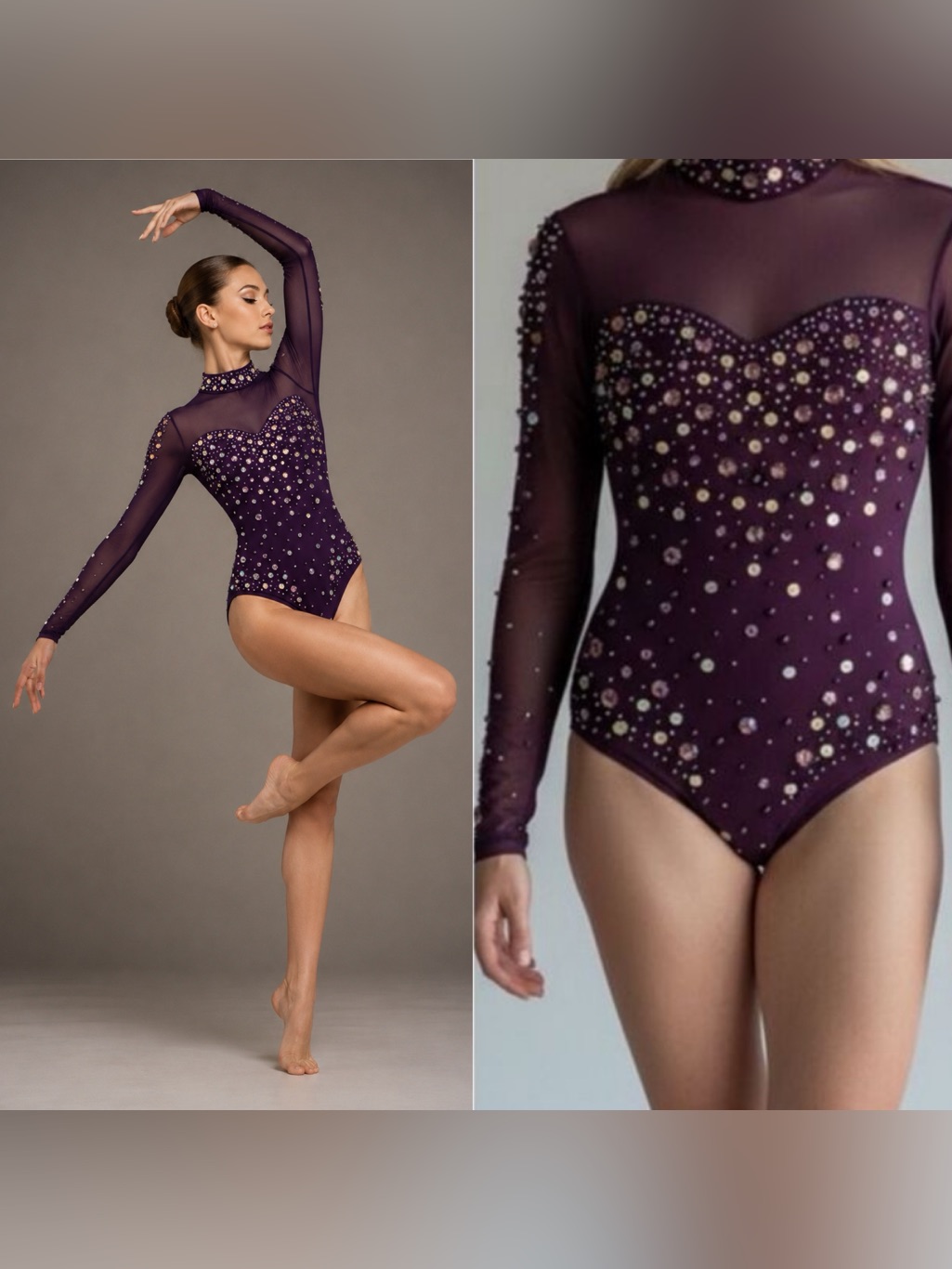 Glamour Dance Costume Purple Mesh Sequin Gem Long Sleeve Leotard Xsa Adult